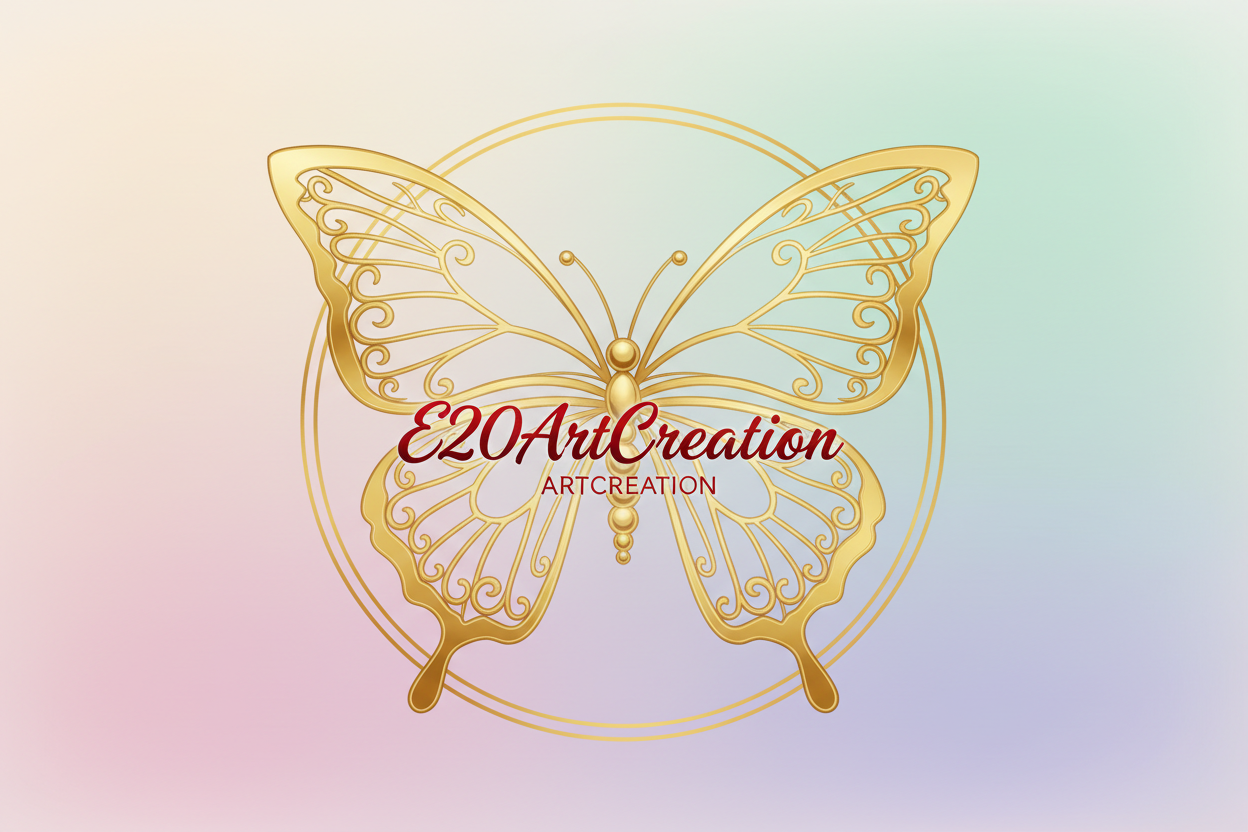 Logo E20ArtCreation con farfalla dorata, scritta rossa e sfondo pastello